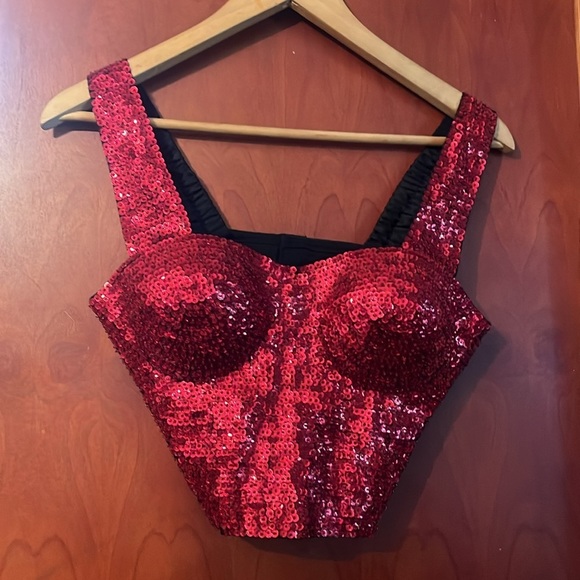 Macrina Elegant Red Sequin Corset Top Bustier velco closure Sz M Women - Picture 4 of 7